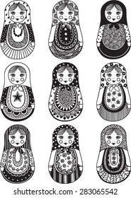 funny matryoshka with patterns painted by hand. For your design, isolated objects, black