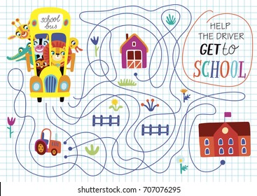Sonniges Labyrinth für Kinder.Zurück zur Schule. Cartoon-Illustration auf weißem Hintergrund.