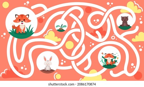 Funny maze for children with cute animals and bright colors. Help the little fox cup to find his Mom. Mini games collection. Vector cartoon illustration