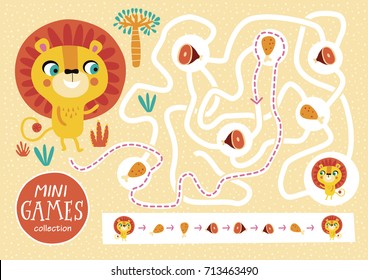 Funny maze for children. Feed the lion. Mini games collections.