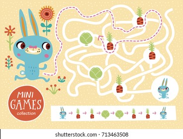 Funny maze for children. Feed the rabbit. Mini games collections.