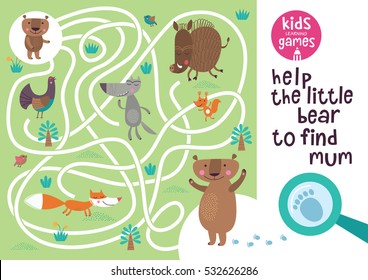 Funny maze for children. Help the bear to find mum. Kids learning games collection. 