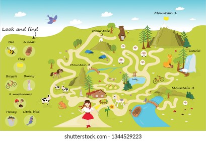 Funny maze for children. Help the girl on a trip to the mountains. Mini games collection. The maze puzzle game template illustration. Look and find objects.