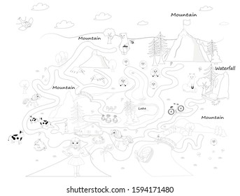Funny maze for children. Help the girl on a trip to the mountains. Mini games collection. The maze puzzle game template illustration. Look, find objects and coloring.