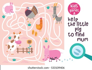 Funny maze for children. Help the little pig to find mum. Kids learning games collection. 