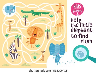 Funny maze for children. Help the little elephant to find mum. Kids learning games collection. 