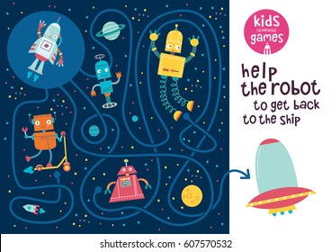 Funny maze for children. Help the robot to get back to the ship. Kids learning games collection. 