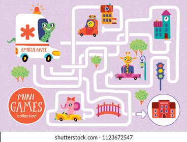 Funny maze for children. Help the snake to take patient to the hospital. Mini games collection. 