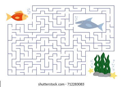 Funny maze for children, the underwater world, a small fish looking for a coral reef, beware of the hungry shark. Labyrinth for preschool and school kids. Vector illustration.