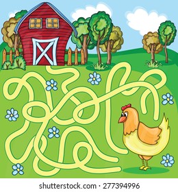 Funny Maze Game -  Cartoon Chicken Farm Style - vector Illustration