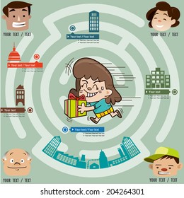 Funny maze game, the girl gives gifts to anyone in the city, illustrator Vector