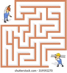 Funny Maze Game: Help the Cartoon Worker Find the Way. Vector Illustration