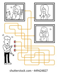 Funny Maze Game: Help for Man Choose the Correct Ring Button. Doodle People Vector Illustration. Hand Drawn Man and Women