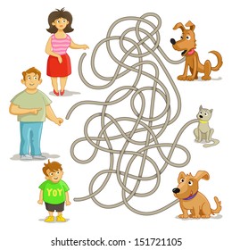 Funny maze game: help owners find their pets! Man, woman, boy, cat and two funny dogs. Illustration with tangled lines.