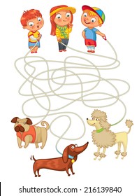 Funny maze game: help owners find their pets. Illustration with tangled lines. Funny cartoon character. Vector illustration. Isolated on white background