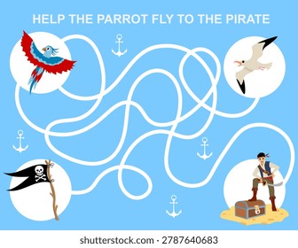 Funny Maze game. Help the parrot find the pirate. Horizontal. Pirates. Printable activity or worksheet. Mini games collection. Vector