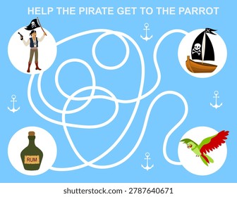 Funny Maze game. Help the pirate find the parrot. Horizontal. Pirates. Printable activity or worksheet. Mini games collection. Vector