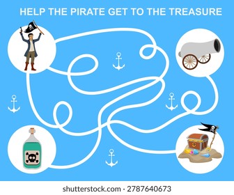 Funny Maze game. Help the pirate get to the island. Horizontal. Pirates. Printable activity or worksheet. Mini games collection. Vector
