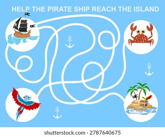 Funny Maze game. Help the pirate ship dock at the island. Horizontal. Pirates. Printable activity or worksheet. Mini games collection. Vector