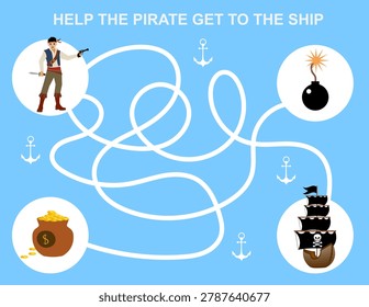 Funny Maze game. Help the pirate get on the ship. Horizontal. Pirates. Printable activity or worksheet. Mini games collection. Vector