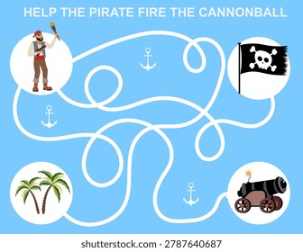 Funny Maze game. Help the pirate fire the cannon. Horizontal. Pirates. Printable activity or worksheet. Mini games collection. Vector