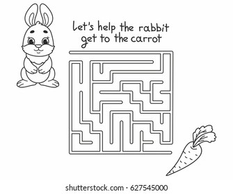 Funny maze game for kids with cute rabbit and carrot. Black outline