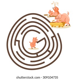 Funny maze game for kids. Help little pig to find right way to his family through labyrinth. Preschool education. Vector illustration