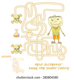 Funny Maze Game for kids. Maze or Labyrinth Game for Preschool Children. Maze puzzle with solution. Cartoon chemist