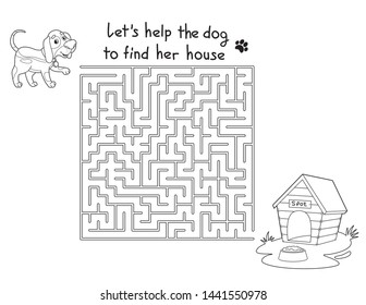 Funny maze game for kids with little dog and her house. Vector cartoon dog. Vector illustration for children. Coloring book
