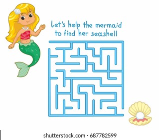 Funny maze game for kids with little mermaid and the seashell