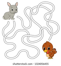 Funny maze. Game for kids. Puzzle for children. Cartoon style. Labyrinth conundrum. Color vector illustration. Find the right path. The development of logical and spatial thinking