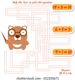 Funny maze game for kids. Visual game for preschool children. Maze puzzle with solution. Vector labyrinth for preschool children with bear. Rebus or quiz for school