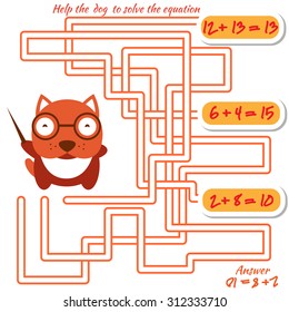 Funny maze game for kids. Visual game for preschool children. Maze puzzle with solution. Vector labyrinth for preschool children with dog. Rebus or quiz for school