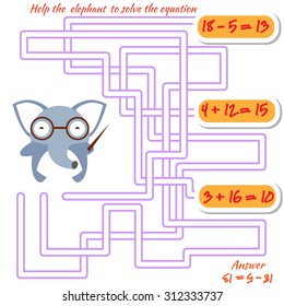 Funny maze game for kids. Visual game for preschool children. Maze puzzle with solution. Vector labyrinth for preschool children with elephant. Rebus or quiz for school