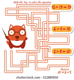 Funny maze game for kids. Visual game for preschool children. Maze puzzle with solution. Vector labyrinth for preschool children with dog. Rebus or quiz for school