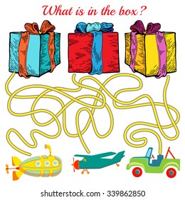 Funny maze game for kids. Visualor game for Preschool Children. Maze puzzle with solution. Vector Labyrinth for preschool children. Rebus or quiz for school