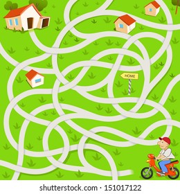 Funny Maze Game: the Funny Motorcyclist Find the Tangled Way to the House. Red Scooter in the Village