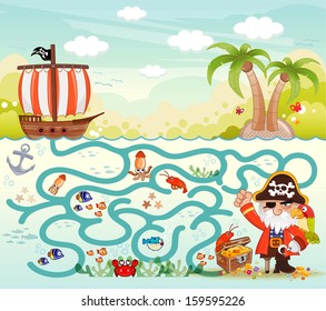 Funny maze game, Pirate try to find the treasure in the sea, illustrator Vector