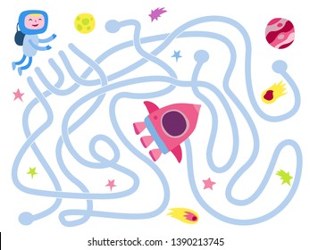 Funny maze. Help the astronaut to get into the rocket. Vector graphics.