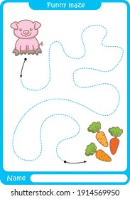 Funny maze. Help the pig to get to its treat. Preschool worksheet. Illustration and vector outline - A4 paper ready to print.