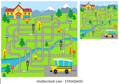 Funny maze. Help the school bus find the right path to school. Vector cartoon illustration. Education game for children.