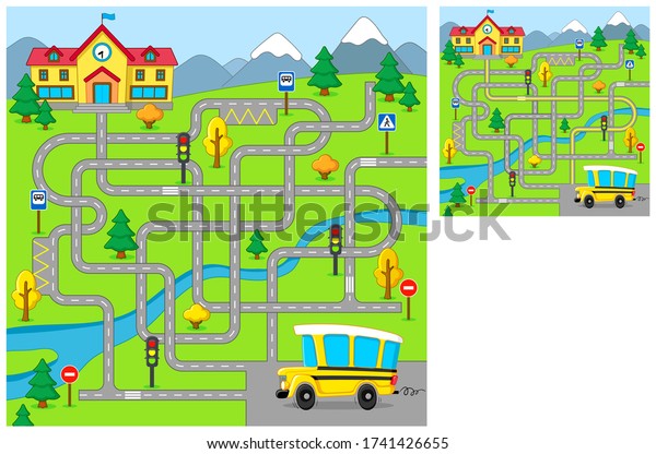 Funny\
maze. Help the school bus find the right path to school. Vector\
cartoon illustration. Education game for\
children.