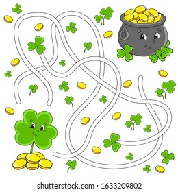 Funny maze for kids. Clover, pot. St. Patrick's day. Puzzle for children. Cartoon character. Labyrinth conundrum. Color vector illustration. Find the right path.