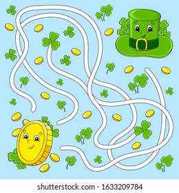 Funny maze for kids. Coin, hat. St. Patrick's day. Puzzle for children. Cartoon character. Labyrinth conundrum. Color vector illustration. Find the right path.