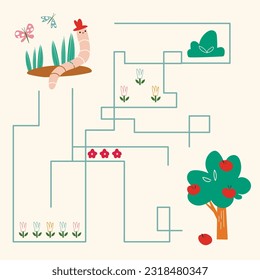 funny maze for kids.  Help the worm get to the tree with apples.  collection of mini-games.