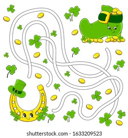 Funny maze for kids. Horseshoe, boot. St. Patrick's day. Puzzle for children. Cartoon character. Labyrinth conundrum. Color vector illustration. Find the right path.