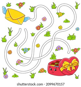 Funny maze for kids. Puzzle for children. cartoon character. Labyrinth conundrum. Color vector illustration. Find the right path. Valentine's Day