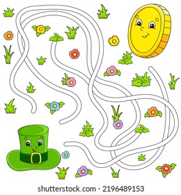 Funny maze for kids. Puzzle for children. cartoon character. Labyrinth conundrum. St. Patrick's Day. Color vector illustration. Find the right path.