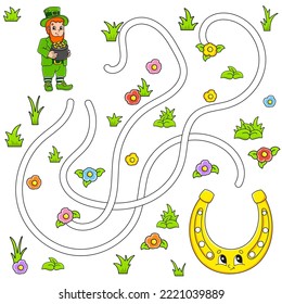 Funny maze for kids. Puzzle for children. cartoon character. Labyrinth conundrum. St. Patrick's Day. Color vector illustration. Find the right path.