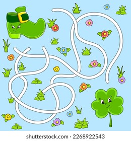 Funny maze for kids. Puzzle for children. cartoon character. Labyrinth conundrum. St. Patrick's Day. Color vector illustration. Find the right path.